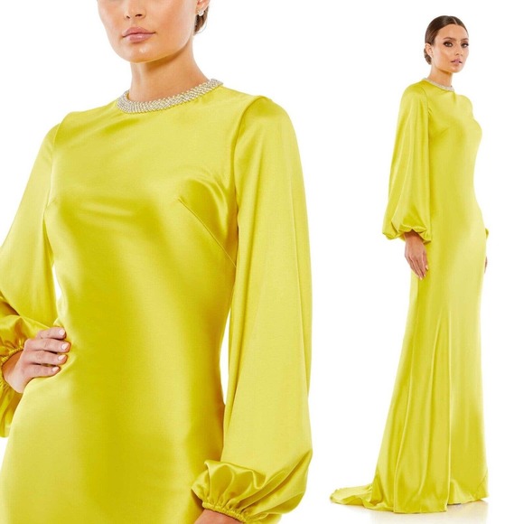 New never used Ieena Mac Duggal Chartreuse Satin Long Blouson Slv Gown s… - Picture 2 of 16
